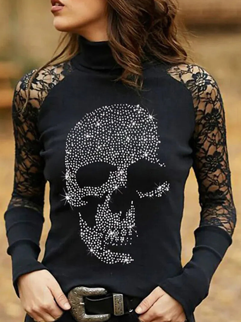 Skull Print Lace Patchwork Turtleneck Top