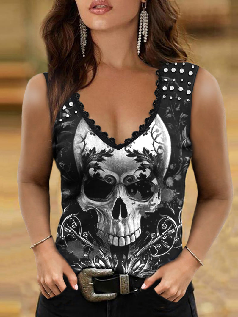 Lace Sexy Skull Printed Women's Short Sleeve Top