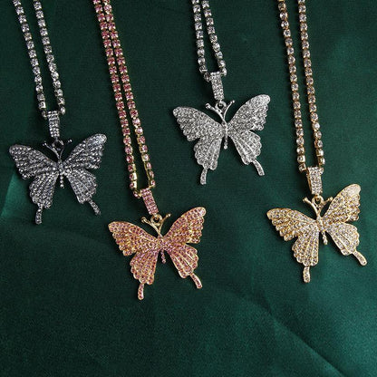 Butterfly Double-layer Rhinestone Pendant Necklace