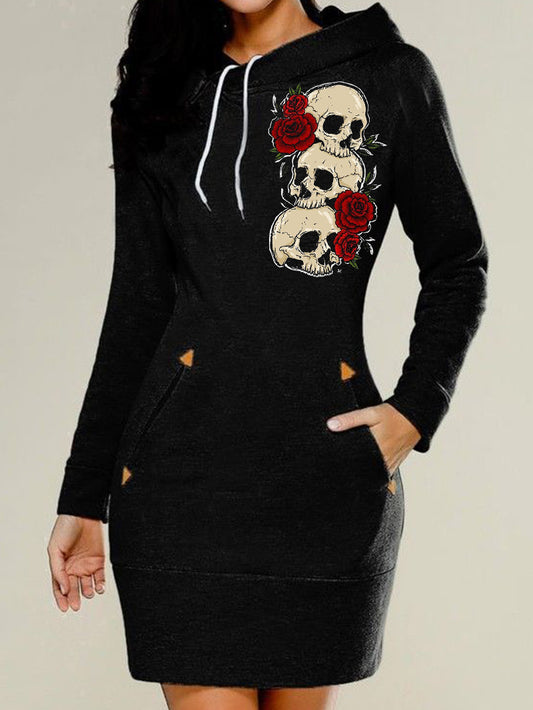 Three Skulls Print Long Sleeve Hooded Sweatshirt Dress