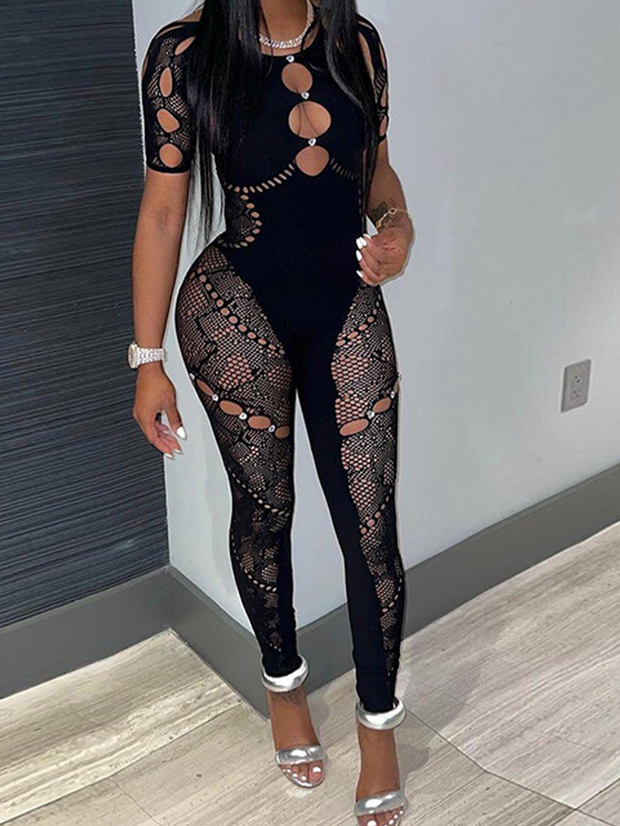 Sexy Slim-Fit High Waist Lace Jumpsuit with Sleeves