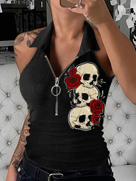 Skull Print Zip-Up Lapel Vest