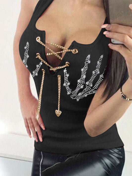 Rhinestone Skull Hand Women's Corns Strap Sexy Vest