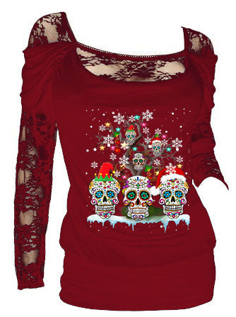 Sexy Langarmshirt mit Blumenspitze und Weihnachtsmütze-Muster und Totenkopf