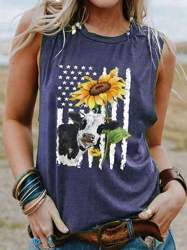 Cow Sunflower Print Round Neck Sleeveless Top