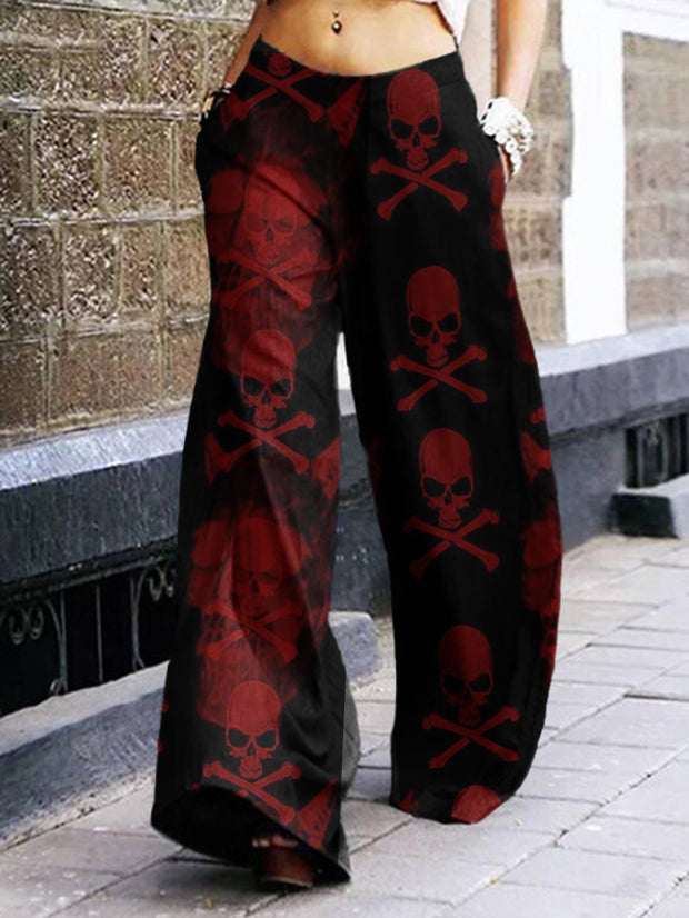 Red Skull Print Casual Trousers