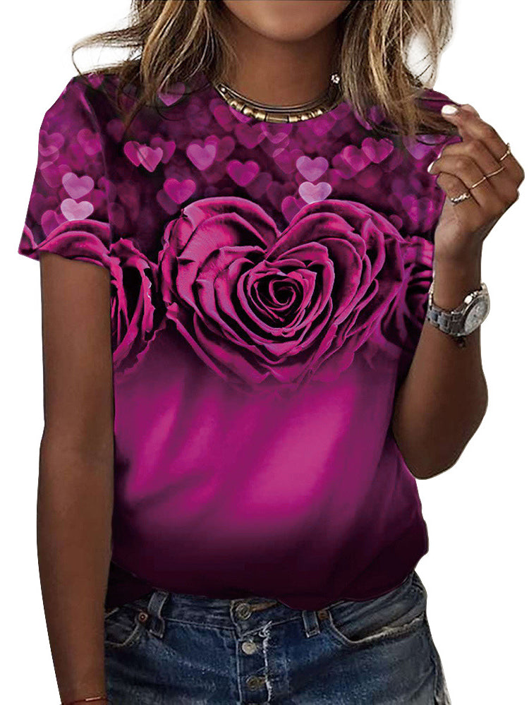 Lockeres T-Shirt mit Rundhalsausschnitt und kurzen Ärmeln für Damen mit Rosen-Print 