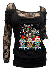 Sexy Langarmshirt mit Blumenspitze und Weihnachtsmütze-Muster und Totenkopf