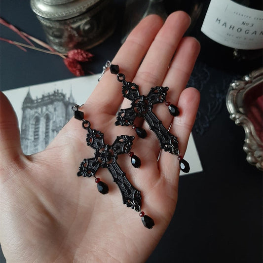 Gothic Black Cross Drop Earrings