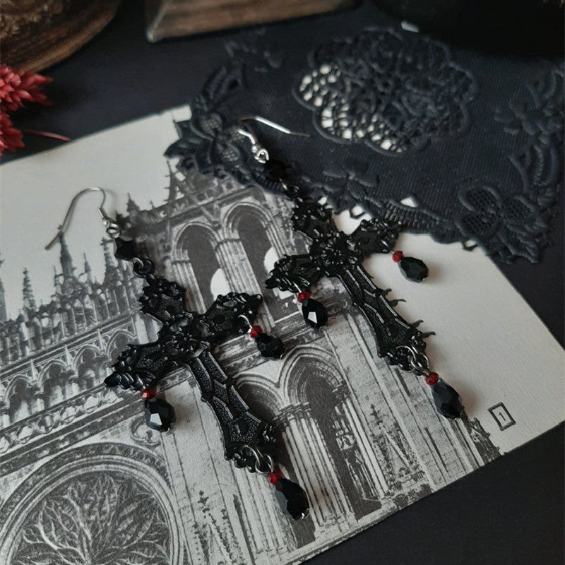 Gothic Black Cross Drop Earrings