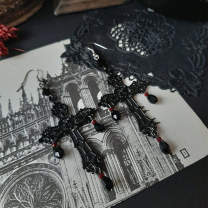 Gothic Black Cross Drop Earrings