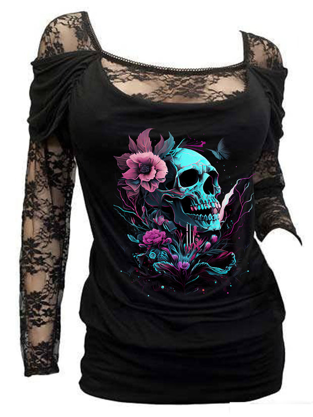 Skull And Flowers Sexy Floral Lace Long Sleeve Top