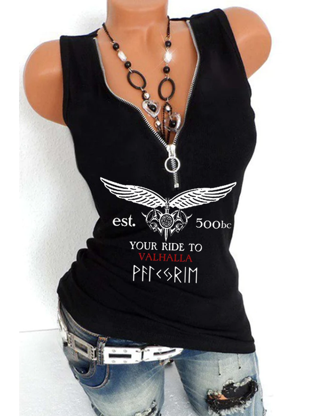 Gothic Style Heart Wings Print V-neck Zip Sleeveless Slim Vest