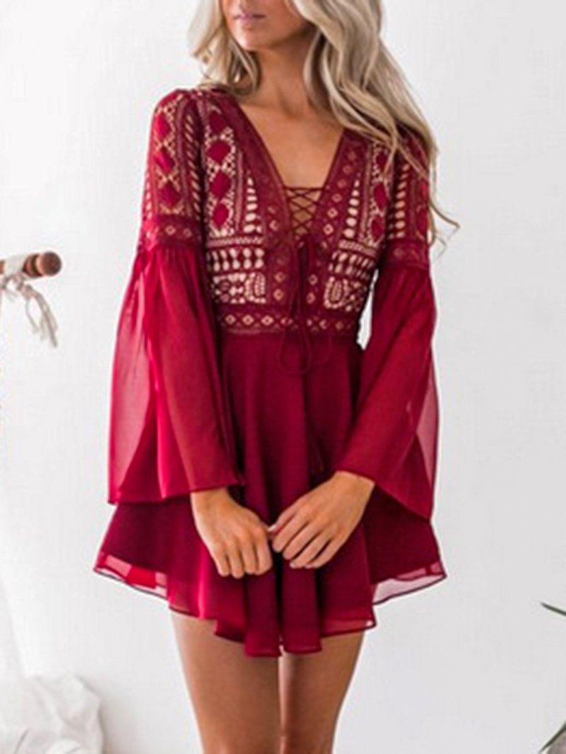 Lace Hollow V-neck Straps Flared Sleeve Chiffon Dress