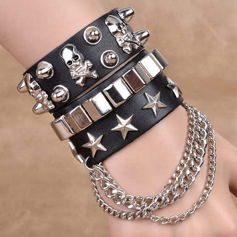 Skull Rivets Leather Bracelet Set