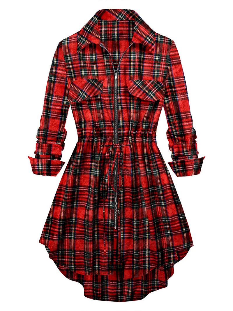 Plaid Fashion Front Zipper Drawstring Blouse