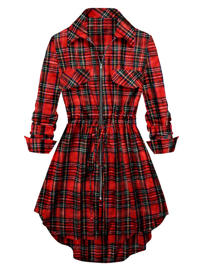 Plaid Fashion Front Zipper Drawstring Blouse