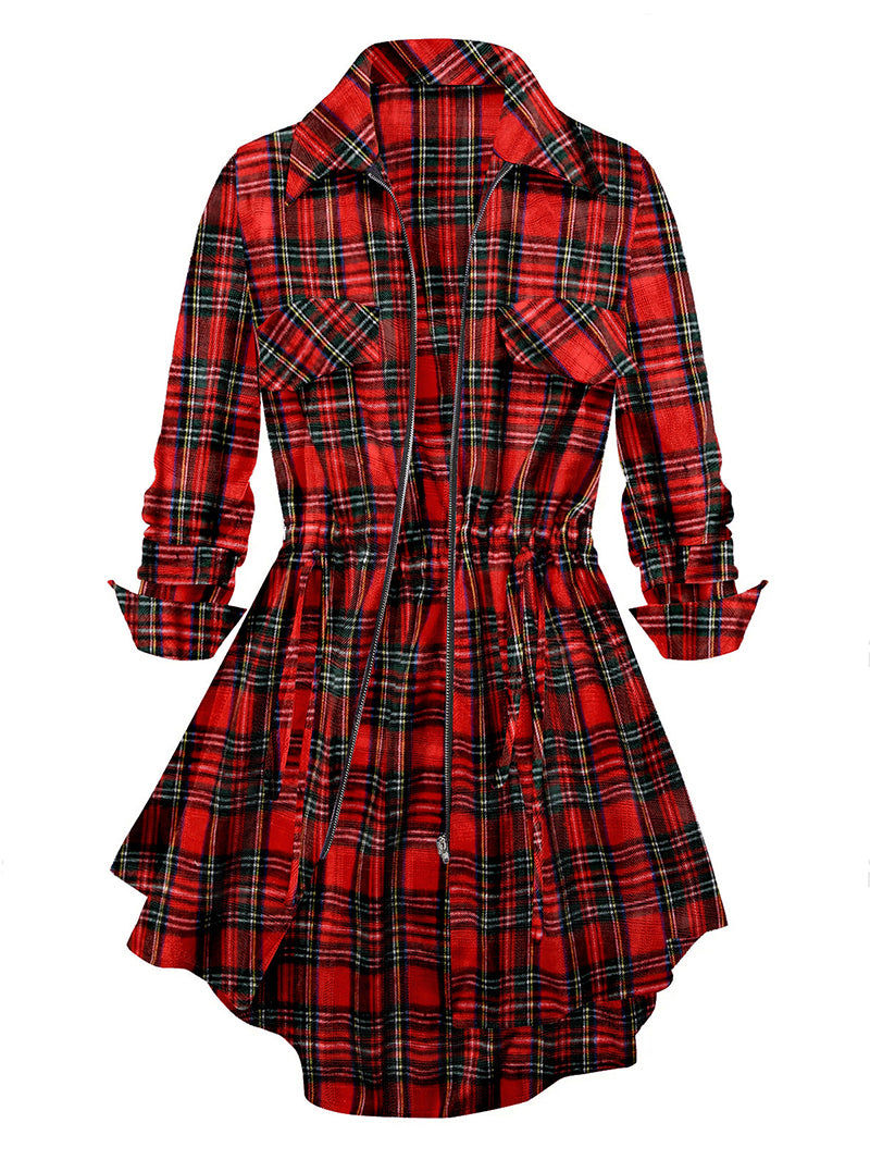 Plaid Fashion Front Zipper Drawstring Blouse