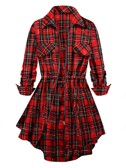 Plaid Fashion Front Zipper Drawstring Blouse