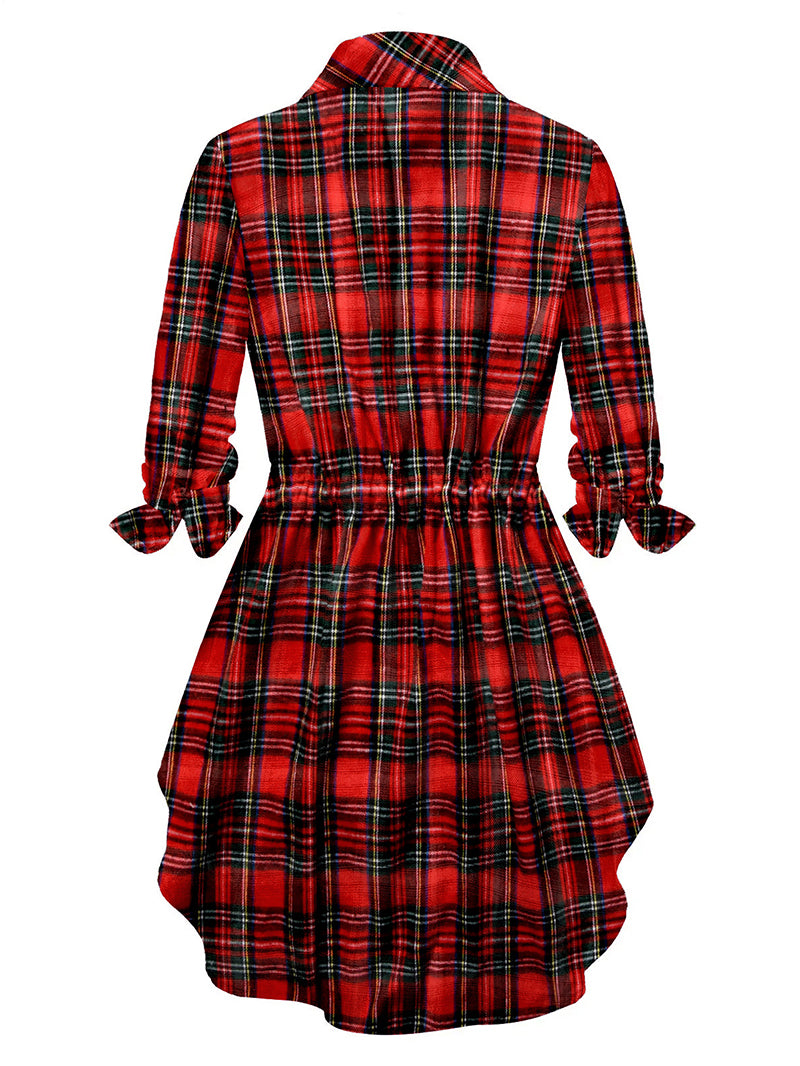 Plaid Fashion Front Zipper Drawstring Blouse