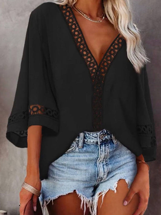 Solid Color V-neck Sleeved Lace Shirt