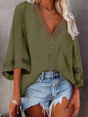 Solid Color V-neck Sleeved Lace Shirt