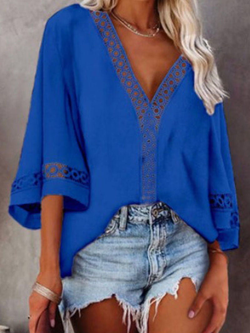 Solid Color V-neck Sleeved Lace Shirt