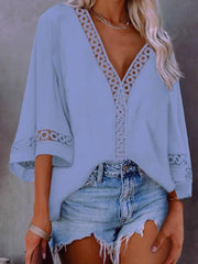 Solid Color V-neck Sleeved Lace Shirt