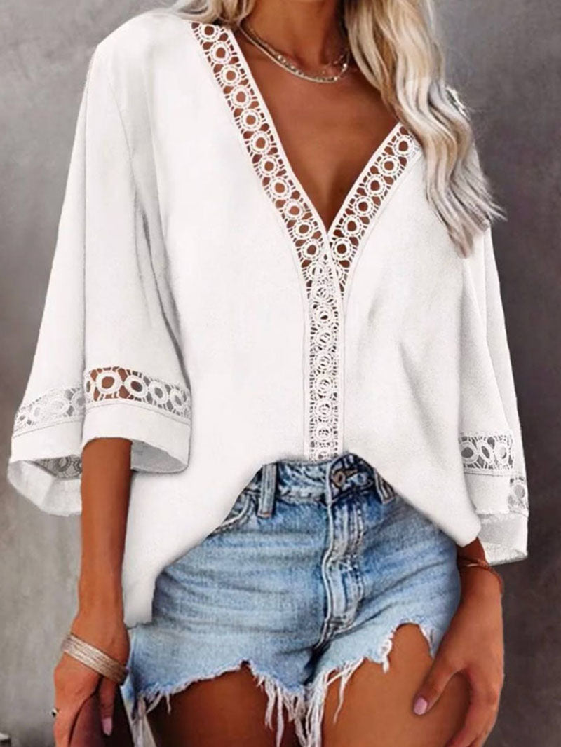 Solid Color V-neck Sleeved Lace Shirt