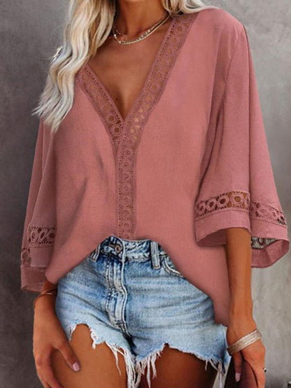 Solid Color V-neck Sleeved Lace Shirt