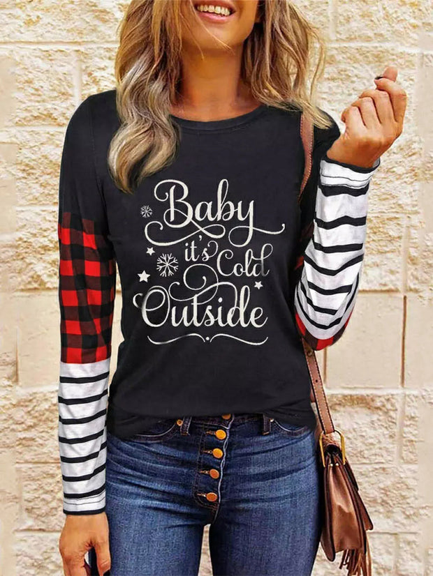 Baby It's Cold Outdoor Stitching Long Sleeves T-shirt