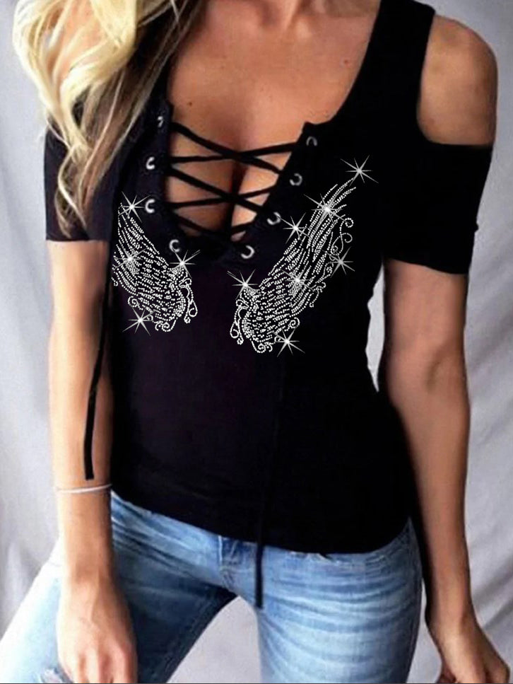 Sexy Strapless Lace-up Rhinestone Graphic Top