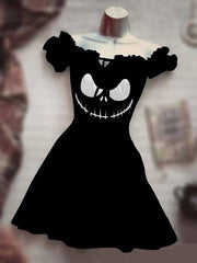 Gruseliges Halloween Kleid mit einem Halsausschnitt, Puffärmeln und Kordelzug