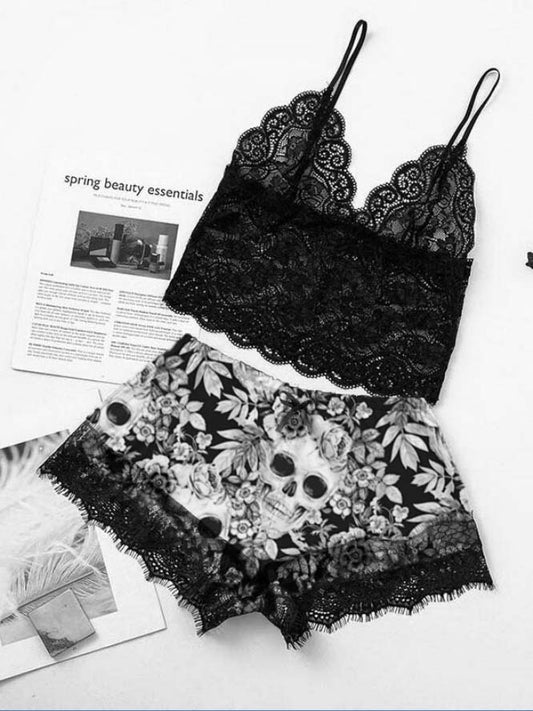 Skull Printed Sexy Lace Pajama Set