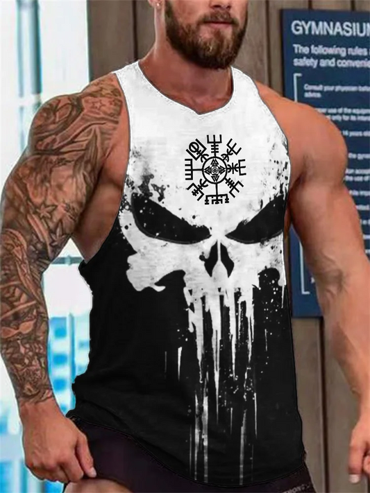 Tanktop für Herren mit Wikinger-Vegvisir-Totenkopf in Kontrastfarbe 