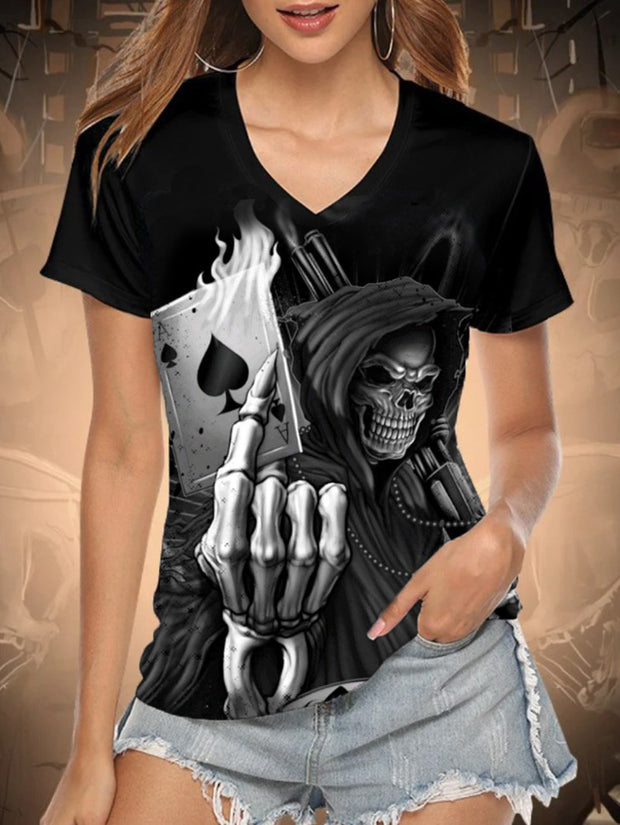 T-shirt col V femme imprimé Horror Poker 
