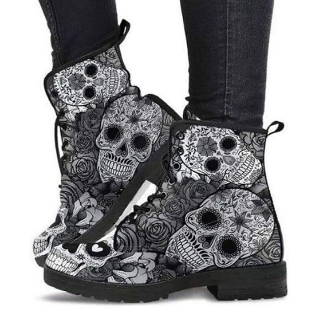 Skull Floral Printed High-Top Martin Boots