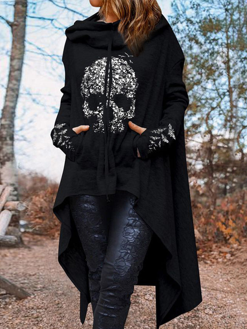 Damen-Kapuzenpullover mit Punk-Totenkopf-Print und unregelmäßigem Saum 