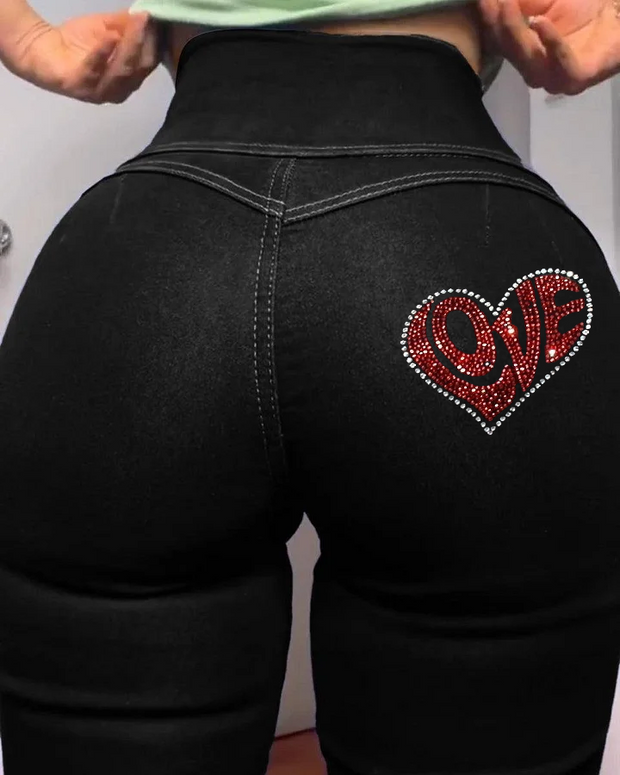 Love Heart Print Peach Hip Shaping Jeans