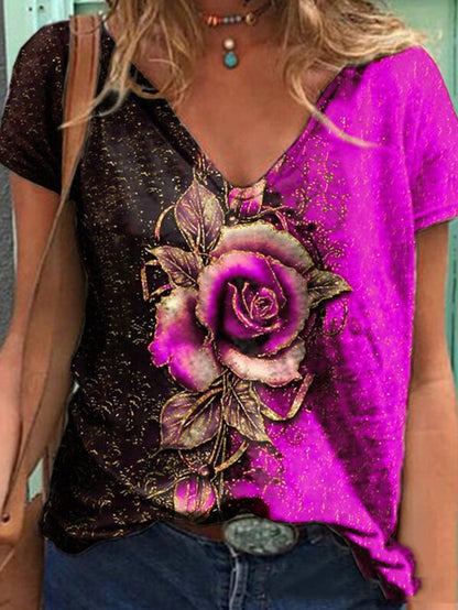 Rose Printed V-neck Short-sleeved T-shirt