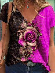 T-shirt à manches courtes et col en V imprimé roses 
