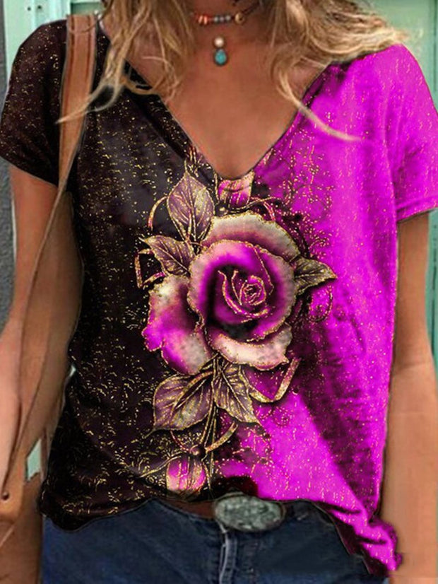 Kurzärmliges T-Shirt mit V-Ausschnitt und Rosen-Print 