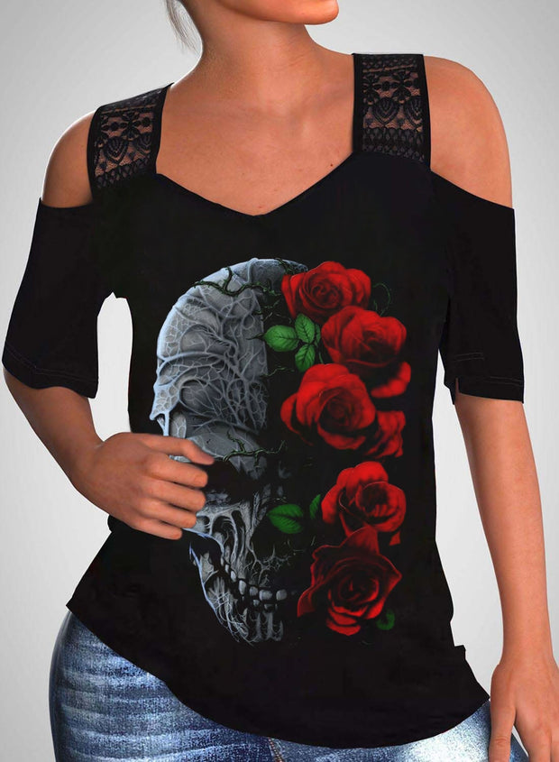 Black Skull and Red Rose Print off-the-Shoulder Lace Ribbon Short Sleeve Top