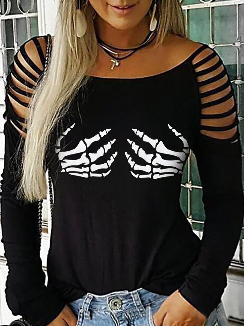 Dark Skull Pattern off-the-Shoulder Long Sleeve T-shirt