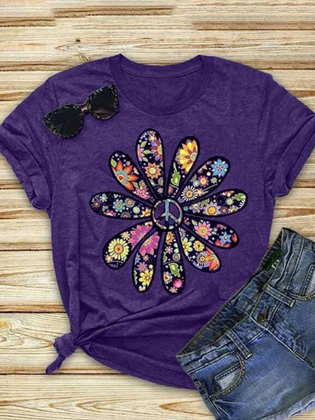 Kurzärmliges T-Shirt mit Rundhalsausschnitt und Blumendruck 