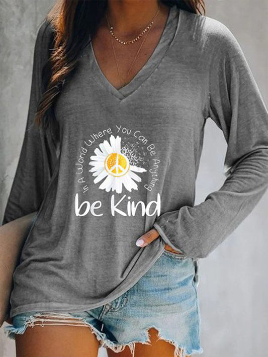 Printed Long Sleeve V-neck Casual T-shirt