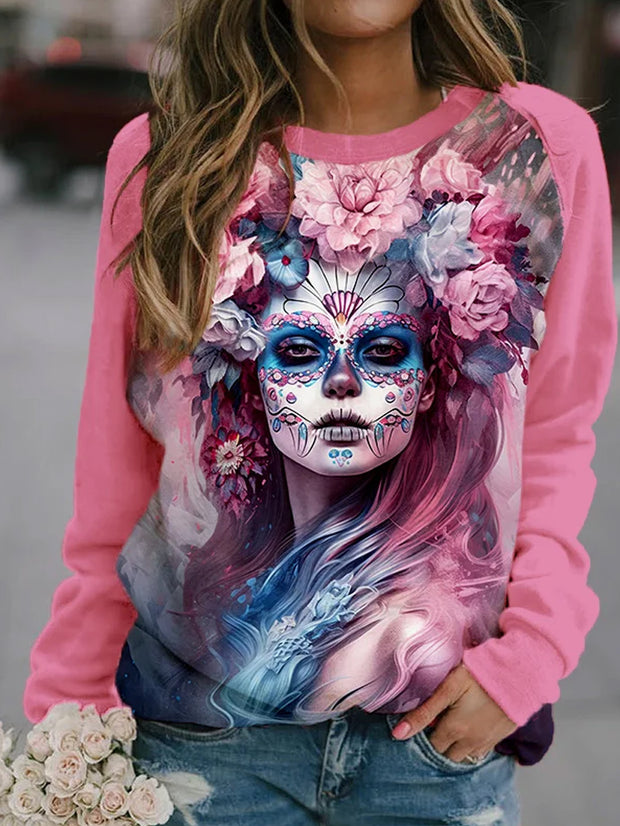 Damen-Shirt mit Rundhalsausschnitt und Aufdruck „Day of the Dead Girl“