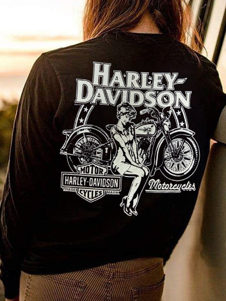 Sweat-shirt à col rond imprimé moto pour femme 