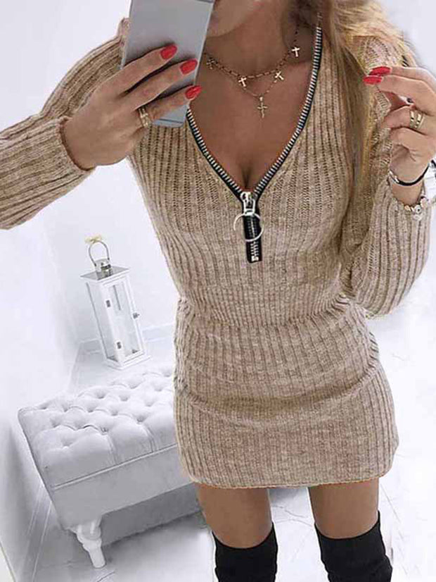 Robe moulante tricotée à manches longues et taille zippée pour femme 