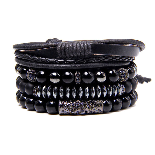 Solid Black Beaded Men's Bracelet Set